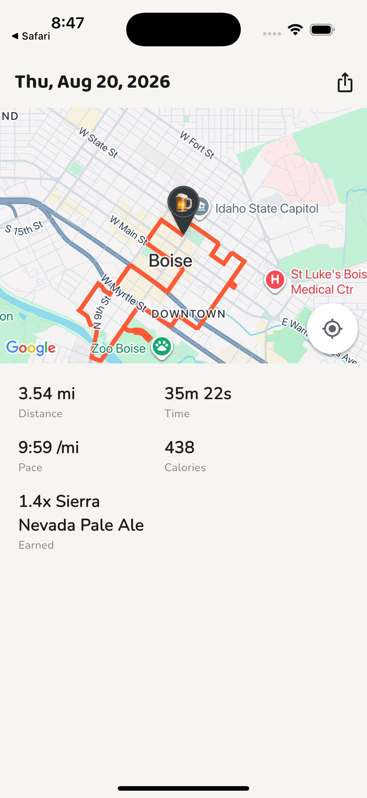 A saved run in RUN4IT — the route on a map with start and finish pins and the drink earned.